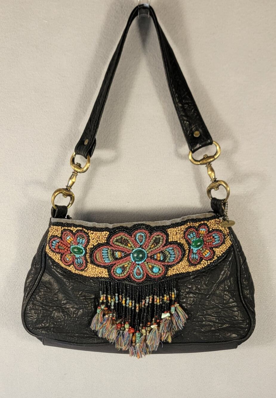 Mary Frances Vintage Black Leather Beaded Floral Fringe Shoulder Bag Purse Boho